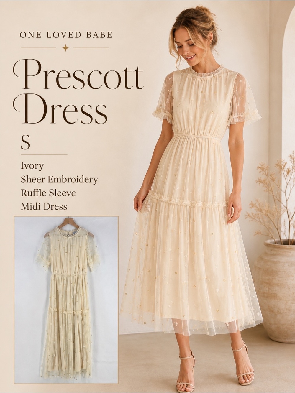 One Loved Babe Prescott Dress Womens Small Ivory Stars Sheer Embroidery & Ruffle